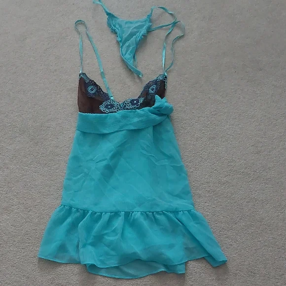 Victoria's Secret Turquoise and Brown vintage lingerie Chemise Set - Picture 1 of 4